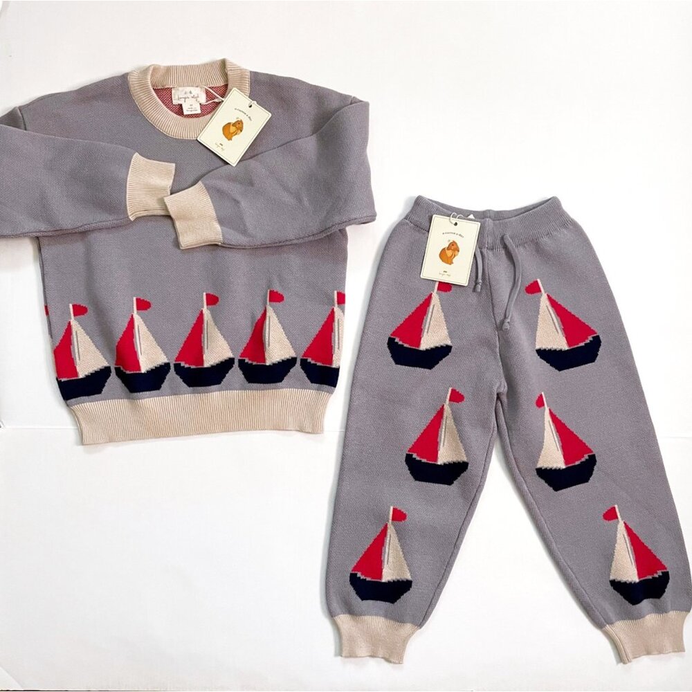 Konges Slojd Kids Matching Set - Light Blue & Cream Sailboat Sweater and Pants